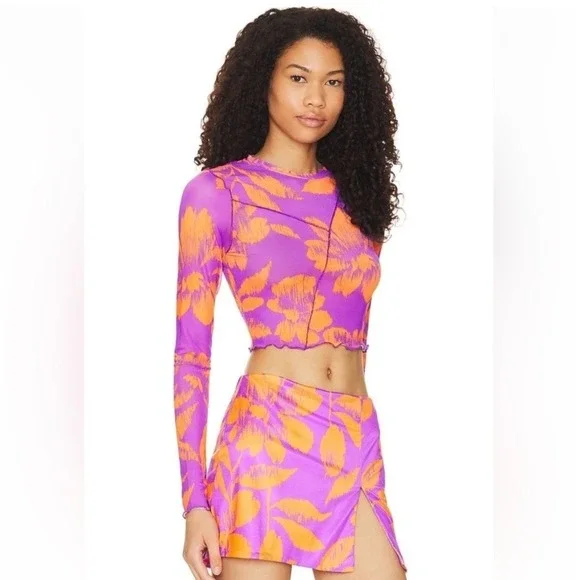 AFRM Women Tropical Floral Mesh 2 Piece Set Crop Top Mini Skirt Size Medium - Picture 3 of 7